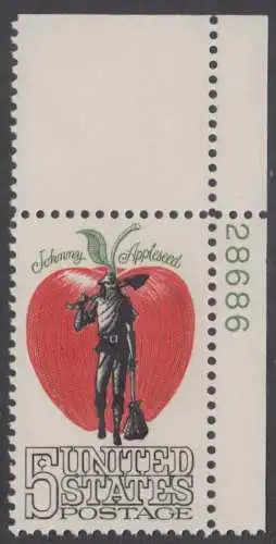 USA Michel 0908 / Scott 1317 postfrisch EINZELMARKE ECKRAND oben rechts m/ Platten-# 28686 - Amerikanische Folklore: Johnny Appleseed