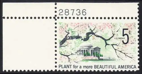 USA Michel 0909 / Scott 1318 postfrisch EINZELMARKE ECKRAND oben links m/ Platten-# 28736 - Verschönerung Amerikas: Ast mit Kirschblüten; Jefferson-Gedenkstätte in Washington, DC