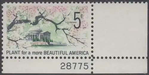 USA Michel 0909 / Scott 1318 postfrisch EINZELMARKE ECKRAND unten rechts m/ Platten-# 28775 - Verschönerung Amerikas: Ast mit Kirschblüten; Jefferson-Gedenkstätte in Washington, DC