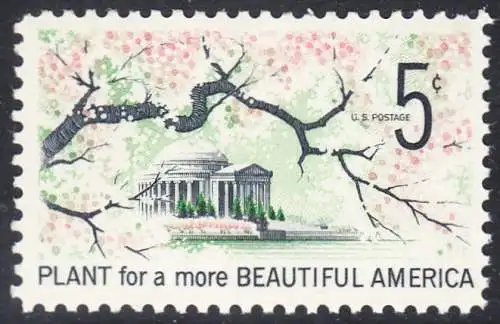 USA Michel 0909 / Scott 1318 postfrisch EINZELMARKE (a1) - Verschönerung Amerikas: Ast mit Kirschblüten; Jefferson-Gedenkstätte in Washington, DC