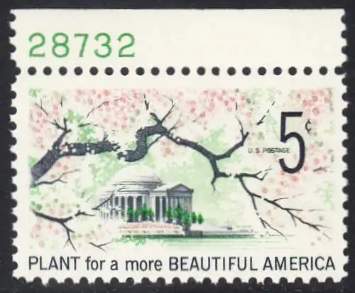 USA Michel 0909 / Scott 1318 postfrisch EINZELMARKE RAND oben m/ Platten-# 28732 (a2) - Verschönerung Amerikas: Ast mit Kirschblüten; Jefferson-Gedenkstätte in Washington, DC