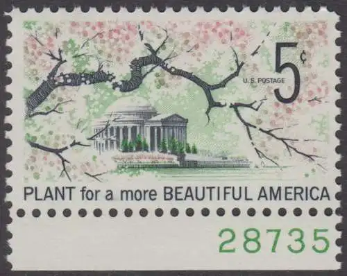 USA Michel 0909 / Scott 1318 postfrisch EINZELMARKE RAND unten m/ Platten-# 28735 - Verschönerung Amerikas: Ast mit Kirschblüten; Jefferson-Gedenkstätte in Washington, DC