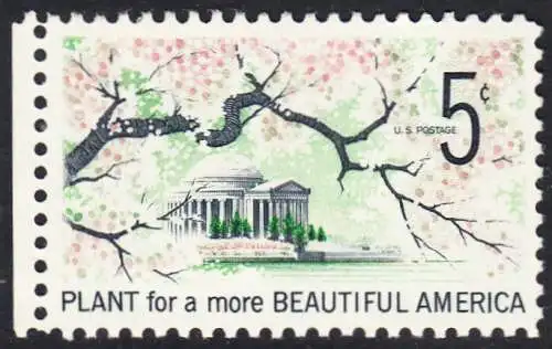 USA Michel 0909 / Scott 1318 postfrisch EINZELMARKE RAND links (a1) - Verschönerung Amerikas: Ast mit Kirschblüten; Jefferson-Gedenkstätte in Washington, DC