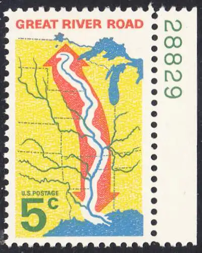 USA Michel 0910 / Scott 1319 postfrisch EINZELMARKE RAND rechts m/ Platten-# 28829- „Great River Road“ - Mississippi-Uferstraße 