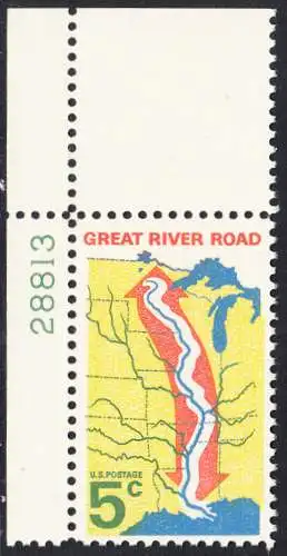 USA Michel 0910 / Scott 1319 postfrisch EINZELMARKE ECKRAND oben links m/ Platten-# 28813 - „Great River Road“ - Mississippi-Uferstraße 