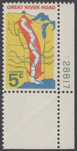USA Michel 0910 / Scott 1319 postfrisch EINZELMARKE ECKRAND unten rechts m/ Platten-# 28817 (m/ Falte) - „Great River Road“ - Mississippi-Uferstraße 