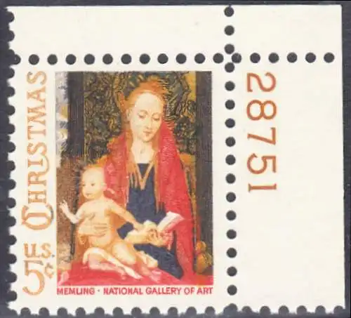 USA Michel 0912 / Scott 1321 postfrisch EINZELMARKE ECKRAND oben rechts m/ Platten-# 28751 - Weihnachten: Maria mit Kind und Engeln