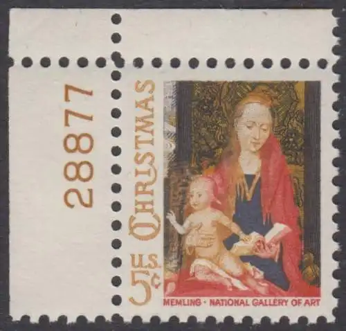 USA Michel 0912 / Scott 1321 postfrisch EINZELMARKE ECKRAND oben links m/ Platten-# 28777 - Weihnachten: Maria mit Kind und Engeln