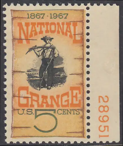 USA Michel 0919 / Scott 1323 postfrisch EINZELMARKE RAND rechts m/ Platten-# 28951 (Gumm.beeintr.) - 100 Jahre Farmer-Organisation „National Grange“
