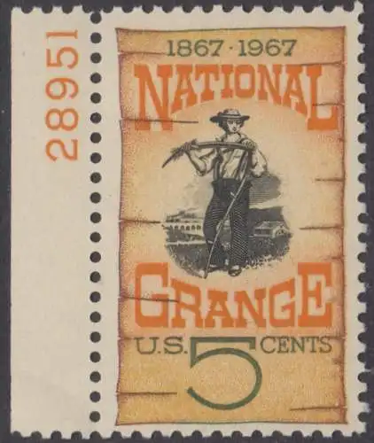 USA Michel 0919 / Scott 1323 postfrisch EINZELMARKE RAND links m/ Platten-# 28951 - 100 Jahre Farmer-Organisation „National Grange“