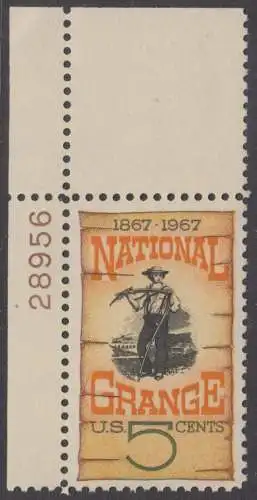 USA Michel 0919 / Scott 1323 postfrisch EINZELMARKE ECKRAND oben links m/ Platten-# 28956 - 100 Jahre Farmer-Organisation „National Grange“