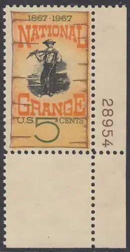 USA Michel 0919 / Scott 1323 postfrisch EINZELMARKE ECKRAND unten rechts m/ Platten-# 28954 (Gumm.beeintr.) - 100 Jahre Farmer-Organisation „National Grange“