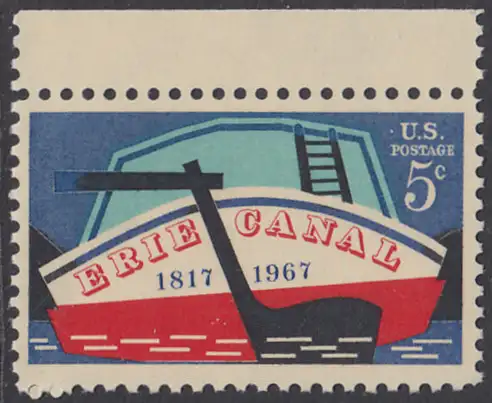 USA Michel 0923 / Scott 1325 postfrisch EINZELMARKE RAND oben (a2) - 150. Jahrestag der Eröffnung des Erie-Kanals; Binnen-Frachtschiff auf dem Erie-Kanal