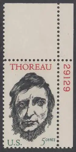 USA Michel 0925 / Scott 1327 postfrisch EINZELMARKE ECKRAND oben rechts m/ Platten-# 29129 - Henry David Thoreau; Schriftsteller und Philosoph