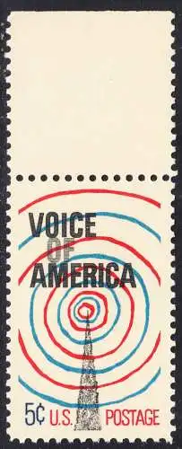 USA Michel 0927 / Scott 1329 postfrisch EINZELMARKE RAND oben (a2) - Radiosender „Stimme Amerikas“; Sendemast mit ausstrahlenden Radiowellen