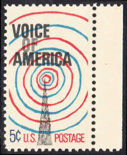 USA Michel 0927 / Scott 1329 postfrisch EINZELMARKE RAND rechts - Radiosender „Stimme Amerikas“; Sendemast mit ausstrahlenden Radiowellen