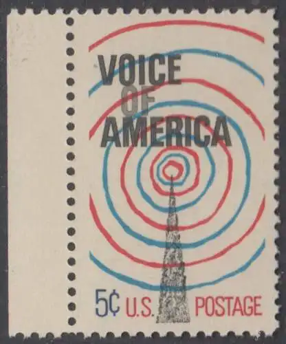 USA Michel 0927 / Scott 1329 postfrisch EINZELMARKE RAND links - Radiosender „Stimme Amerikas“; Sendemast mit ausstrahlenden Radiowellen