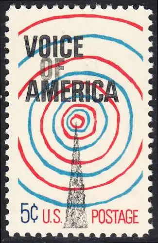 USA Michel 0927 / Scott 1329 postfrisch EINZELMARKE (a2) - Radiosender „Stimme Amerikas“; Sendemast mit ausstrahlenden Radiowellen