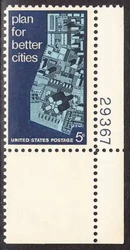USA Michel 0932 / Scott 1333 postfrisch EINZELMARKE ECKRAND unten rechts m/ Platten-# 29367 - Internationale Konferenz für Städteplanung bis zum Jahre 2017 in Washington, DC; Stadtmodell