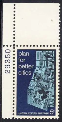 USA Michel 0932 / Scott 1333 postfrisch EINZELMARKE ECKRAND oben links m/ Platten-# 29350 - Internationale Konferenz für Städteplanung bis zum Jahre 2017 in Washington, DC; Stadtmodell
