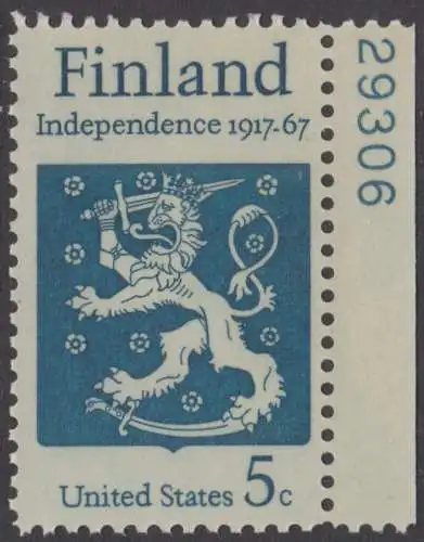 USA Michel 0933 / Scott 1334 postfrisch EINZELMARKE RAND rechts m/Platten-# 29306 - 50 Jahre Unabhängigkeit Finnlands; Staatswappen von Finnland