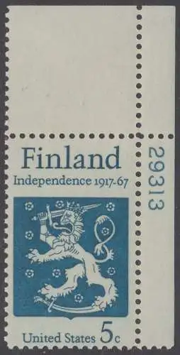 USA Michel 0933 / Scott 1334 postfrisch EINZELMARKE ECKRAND oben rechts m/Platten-# 29313 - 50 Jahre Unabhängigkeit Finnlands; Staatswappen von Finnland