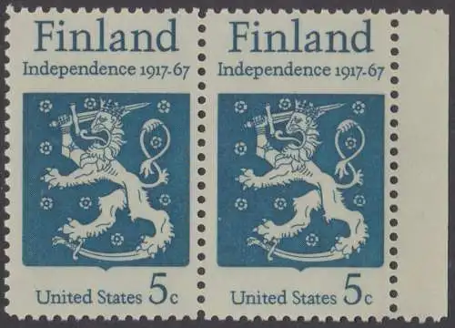 USA Michel 0933 / Scott 1334 postfrisch horiz.PAAR RAND rechts - 50 Jahre Unabhängigkeit Finnlands; Staatswappen von Finnland
