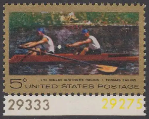 USA Michel 936 / Scott 1335 postfrisch EINZELMARKE RAND  unten m/ Platten-# 29275 - Das Bootsrennen der Brüder Biglin; Gemälde von Thomas Eakins 