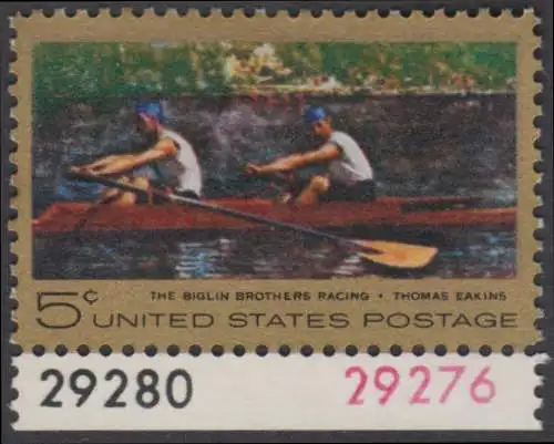 USA Michel 936 / Scott 1335 postfrisch EINZELMARKE RAND  unten m/ Platten-# 29276 - Das Bootsrennen der Brüder Biglin; Gemälde von Thomas Eakins 