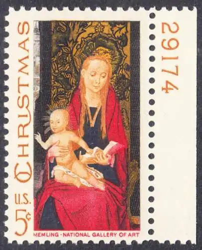 USA Michel 937 / Scott 1336 postfrisch EINZELMARKE RAND rechts m/ Platten-# 29174 - Weihnachten: Maria mit Kind und Engeln 