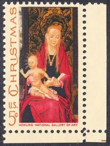 USA Michel 937 / Scott 1336 postfrisch EINZELMARKE ECKRAND unten rechts - Weihnachten: Maria mit Kind und Engeln 