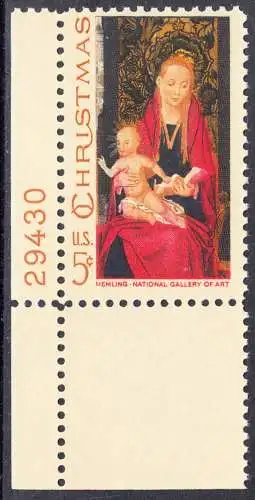 USA Michel 937 / Scott 1336 postfrisch EINZELMARKE ECKRAND unten links m/ Platten-# 29430 - Weihnachten: Maria mit Kind und Engeln 