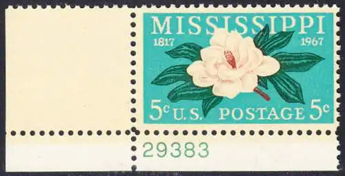 USA Michel 938 / Scott 1337 postfrisch EINZELMARKE ECKRAND unten links m/ Platten-# 29383 - 150 Jahre Staat Mississippi; Magnolie, Staatsblume von Mississippi  