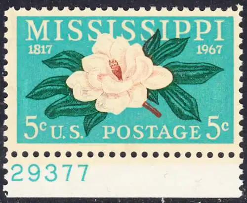 USA Michel 938 / Scott 1337 postfrisch EINZELMARKE RAND unten m/ Platten-# 29377 - 150 Jahre Staat Mississippi; Magnolie, Staatsblume von Mississippi  
