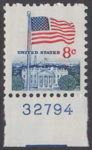 USA Michel 0941D / Scott 1338F postfrisch EINZELMARKE Rand unten m/ Platten-# 32794 - Flagge und Weißes Haus