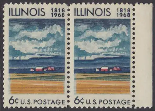 USA Michel 0943 / Scott 1339 postfrisch horiz.PAAR RAND rechts (Gumm.beeintr.) - 150 Jahre Staat Illinois: Farmhaus und Felder mit reifem Getreide