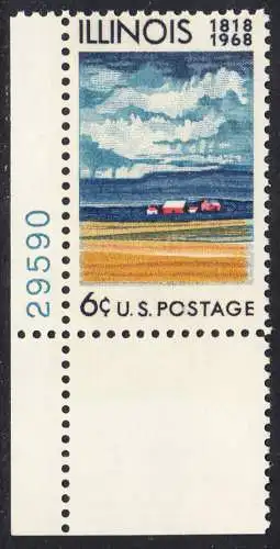 USA Michel 0943 / Scott 1339 mit Falzrest EINZELMARKE ECKRAND unten links m/ Platten-# 29590 - 150 Jahre Staat Illinois: Farmhaus und Felder mit reifem Getreide