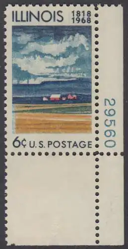 USA Michel 0943 / Scott 1339 postfrisch EINZELMARKE ECKRAND oben links m/ Platten-# 29560 (Gumm.beeintr.) - 150 Jahre Staat Illinois: Farmhaus und Felder mit reifem Getreide