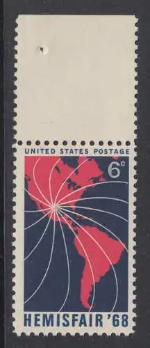 USA Michel 0946 / Scott 1340 postfrisch EINZELMARKE RAND oben (a2) - Ausstellung HEMISFAIR ’68; 250 Jahre San Antonio, TX; Landkarte von Nord- und Südamerika