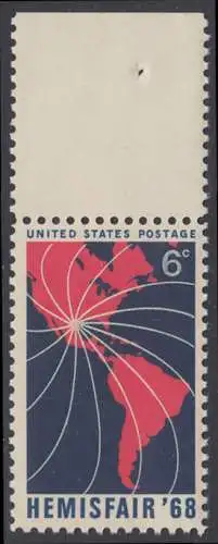 USA Michel 0946 / Scott 1340 postfrisch EINZELMARKE RAND oben (a3) - Ausstellung HEMISFAIR ’68; 250 Jahre San Antonio, TX; Landkarte von Nord- und Südamerika
