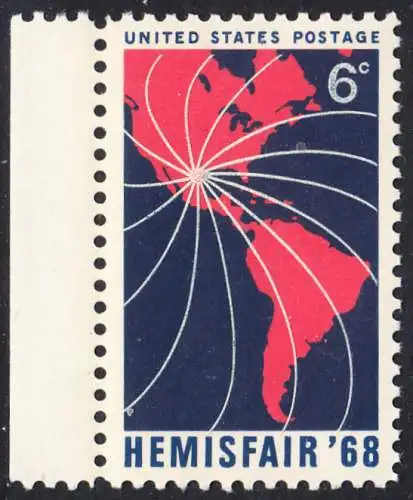 USA Michel 0946 / Scott 1340 postfrisch EINZELMARKE RAND links - Ausstellung HEMISFAIR ’68; 250 Jahre San Antonio, TX; Landkarte von Nord- und Südamerika