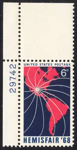 USA Michel 0946 / Scott 1340 postfrisch EINZELMARKE ECKRAND 0ben links m/ Platten-# 29742 - Ausstellung HEMISFAIR ’68; 250 Jahre San Antonio, TX; Landkarte von Nord- und Südamerika