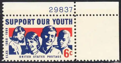 USA Michel 0947 / Scott 1342 postfrisch EINZELMARKE ECKRAND oben rechts m/ Platten-# 29837 - „Unterstützt unsere Jugend“