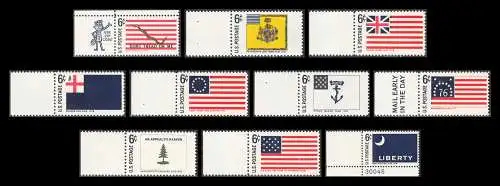 USA Michel 0960 / Scott 1345-1354 postfrisch SATZ (10) EINZELMARKEN ECK-/RÄNDER links - Historische Flaggen