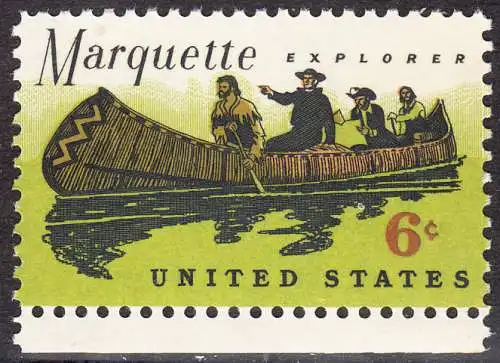 USA Michel 0964 / Scott 1356 postfrisch EINZELMARKE RAND unten (a2) - Jacques Marquette, französischer Jesuitenpater und Forscher, mit seinem Begleiter Louis Joliet im Indianderkanu auf dem Mississipi