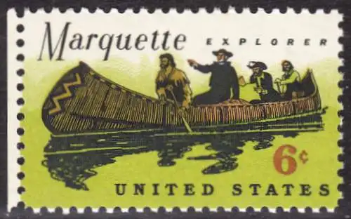 USA Michel 0964 / Scott 1356 postfrisch EINZELMARKE RAND links- Jacques Marquette, französischer Jesuitenpater und Forscher, mit seinem Begleiter Louis Joliet im Indianderkanu auf dem Mississipi