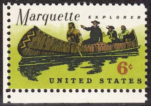 USA Michel 0964 / Scott 1356 postfrisch EINZELMARKE ECKRAND unten links - Jacques Marquette, französischer Jesuitenpater und Forscher, mit seinem Begleiter Louis Joliet im Indianderkanu auf dem Mississipi