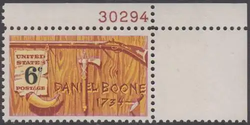 USA Michel 0965 / Scott 1357 postfrisch EINZELMARKE ECKRAND oben rechts m/ Platten-# 30295 - Amerikanische Folklore: Daniel Boone; nordamerikanischer Grenzer und Pionier