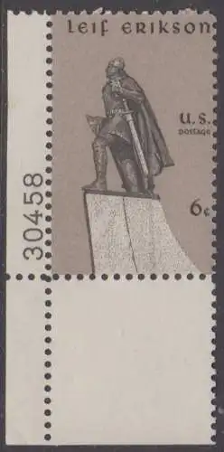 USA Michel 0967 / Scott 1359 posfrisch EINZELMARKE ECKRAND unten links m/ Platten-# 30458 - Leif Erikson, norwegischer Seefahrer, erster Entdecker Amerikas (1003)