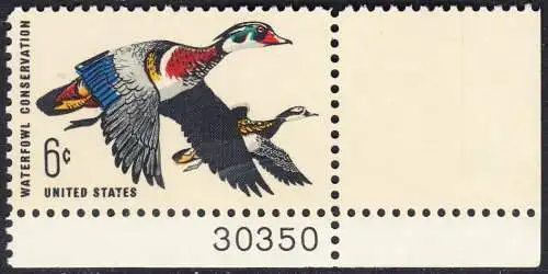 USA Michel 0971 / Scott 1362 postfrisch EINZELMARKE ECKRAND unten rechts m/ Platten-# 30350 - Naturschutz: Wasservögel; Brautente 
